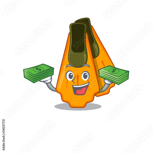 A wealthy swim fins cartoon character having much money on hands