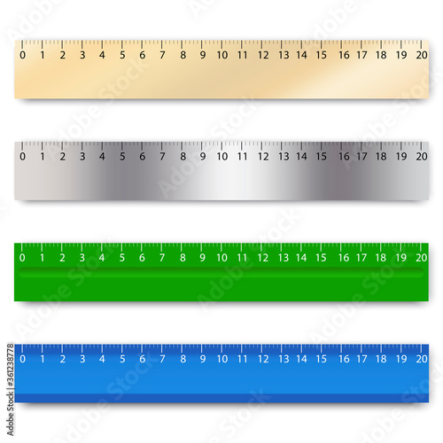Vector image of rulers. School tool for measuring with a scale. Multi-colored measuring instruments. Stock Photo.
