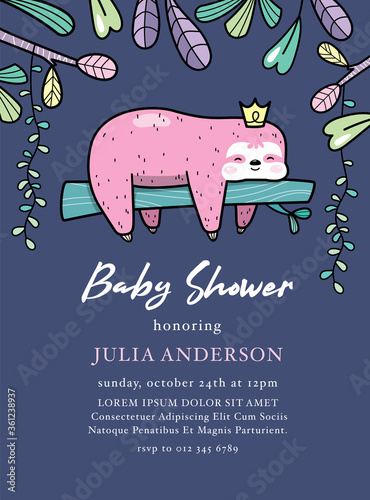 Baby Shower invitation card with cute baby sloth on the tree