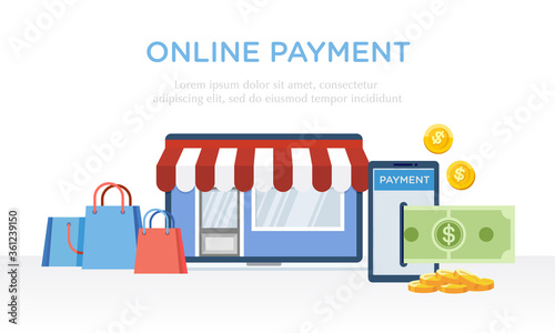 Vector illustration of payment activities using internet payment services. Shop with e-commerce technology. Online trading activities. Marketplace services for mobile banking and online shopping.