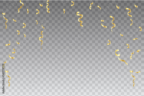 Golden confetti and serpentine. Vector image of falling yellow ribbons. Holiday template.
