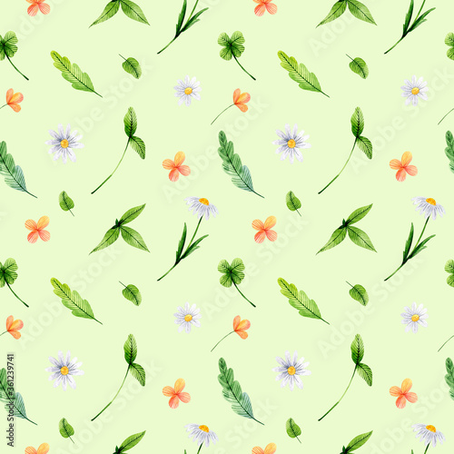 Watercolor seamless pattern with hand-drawn wildflowers and leaves. Chamomiles, eschscholzia, clover on light green background. Perfect for textile, fabrics, wrapping paper, wallpaper, linens and card