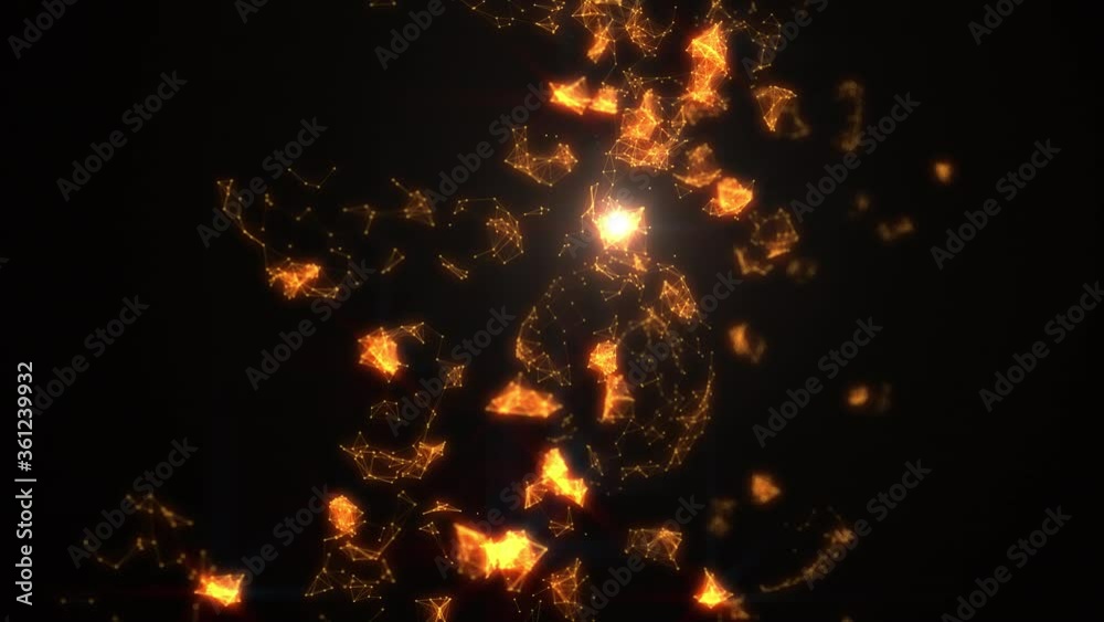 Wired spheres collision. Golden spheres made of dots and lines colliding and exploding.
Wired spheres collision. Golden spheres made of dots and lines colliding and exploding.