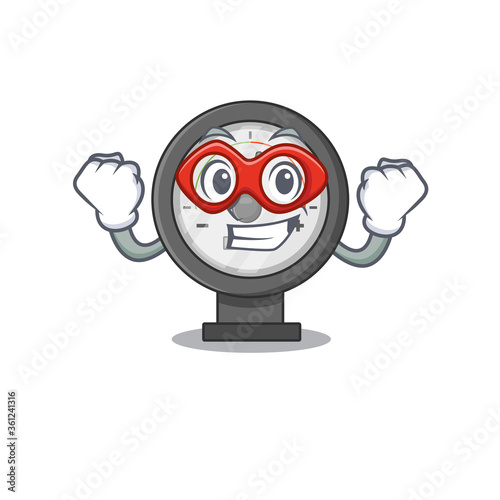 A cartoon mascot of pressure gauge in a fantastic Super hero character