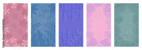 Collection of abstract background designs for smartphones. Summer theme with leaves and flowers in soft colors, advertising content in social networks. Vector illustration.