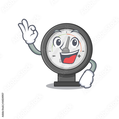 Pressure gauge cartoon mascot design with Okay finger poses
