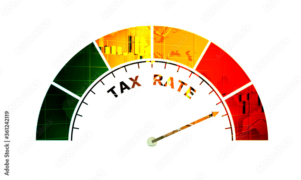 Abstract meter read high level of tax rate result. Color scale with arrow. The measuring device icon. Colorful infographic gauge element. Abstract meter read high level of tax rate result. Color scale with arrow. The measuring device icon. Colorful infographic gauge element.