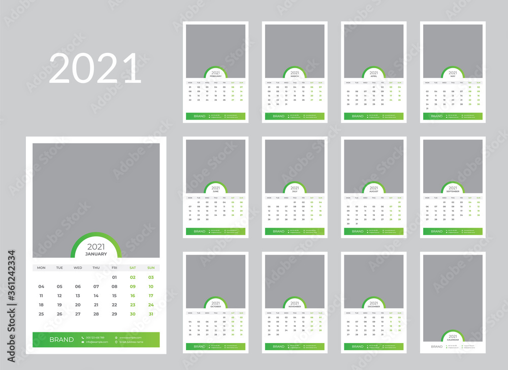 Wall calendar planner template for 2021 year. Set of 12 months. Week starts on Monday. Vector illustration