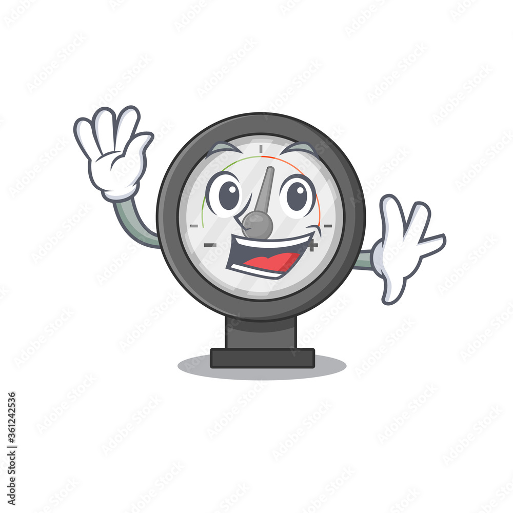 A charismatic pressure gauge mascot design concept smiling and waving hand