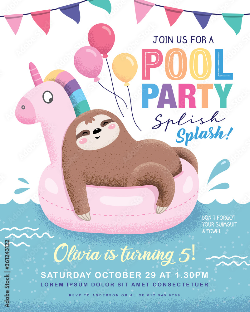 Kids birthday/ Pool party invitation cards with a cute sloth relaxing on a  unicorn floats Stock Vector | Adobe Stock