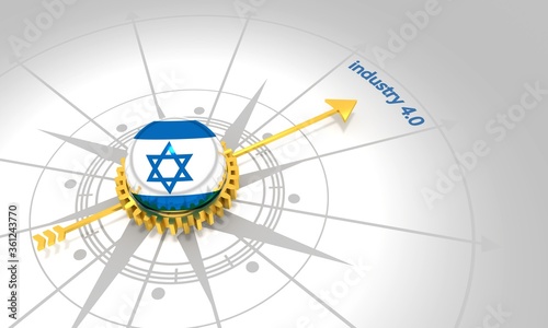 Industry four point zero. 3D rendering. Abstract compass points to the word. Flag of the Israel