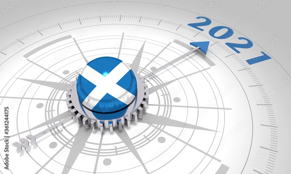 New Year greeting card template. 2021 year number. 3D rendering. Flag of the Scotland New Year greeting card template. 2021 year number. 3D rendering. Flag of the Scotland