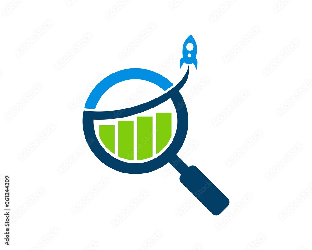 Magnifying glass and economic chart with swoosh rocket Stock Vector ...
