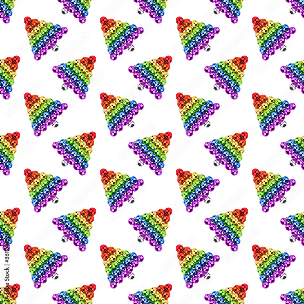 Seamless pattern Christmas decorations glass balls LGBTQ community rainbow flag color in shape of fir tree white background isolated, LGBT pride repeating ornament, gay, lesbian New Year festive print