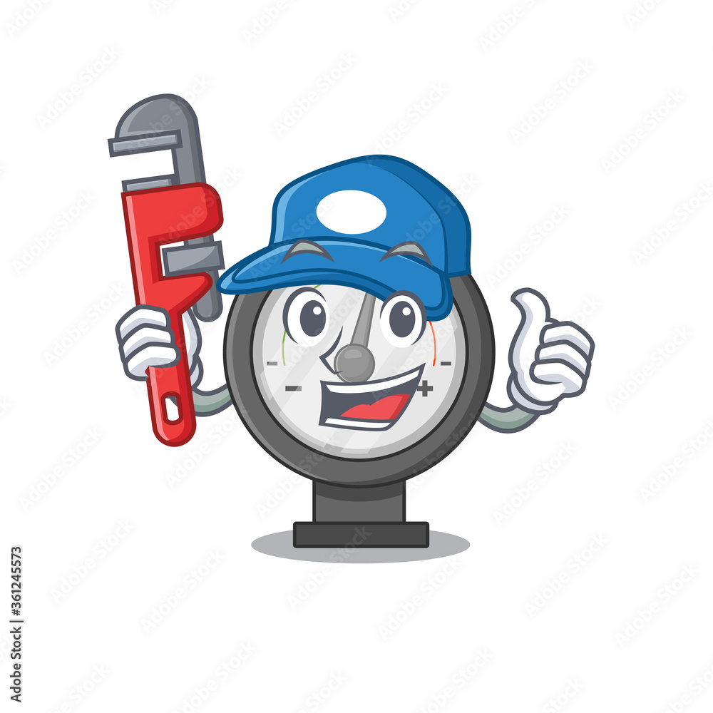 cartoon mascot design of pressure gauge as a Plumber with tool