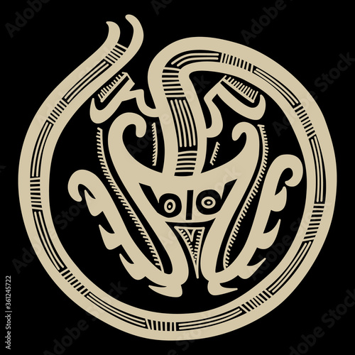 Isolated vector illustration. Silhouette of fantastic mythological animal or monster with long tail. Native American tribal motif from ancient Panama.