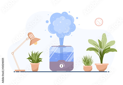 Humidifier with house plants. Equipment for home or office. Ultrasonic air purifier in the interior. Cleaning and humidifying device. Modern vector illustration in flat cartoon style.