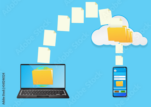 Smartphone with folder on screen and file transferred to cloud and laptop.