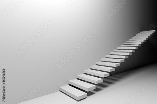 Fotografia 3D illustration White ascending staircase goes up in an empty white room