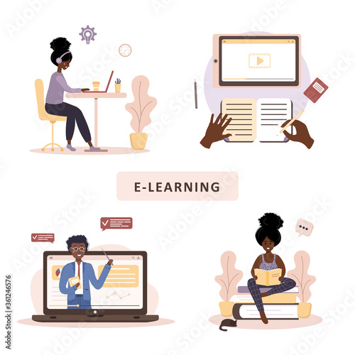 Online education. Flat design concept of training and video tutorials. African student learning at home. Vector illustration for website, marketing material, presentation template, online advertising.