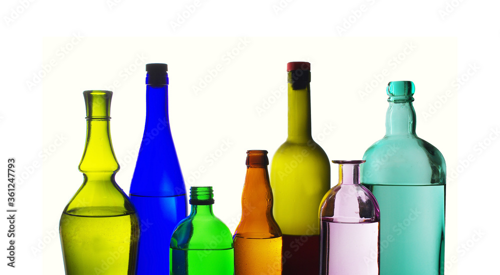 Bottles of wine and drinks. Isolated on white