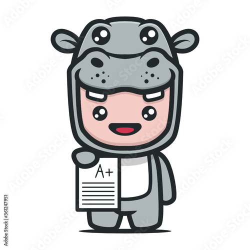Cute Hippo mascot with school student theme design illustration