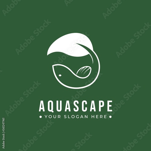 Aquascape logo design. Fish with leaf tail illustration. Flat design vector