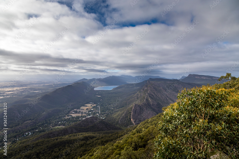 View from the Boroka lookout in the Grampians National Park in Victoria, Australia at a cloudy day in summer.