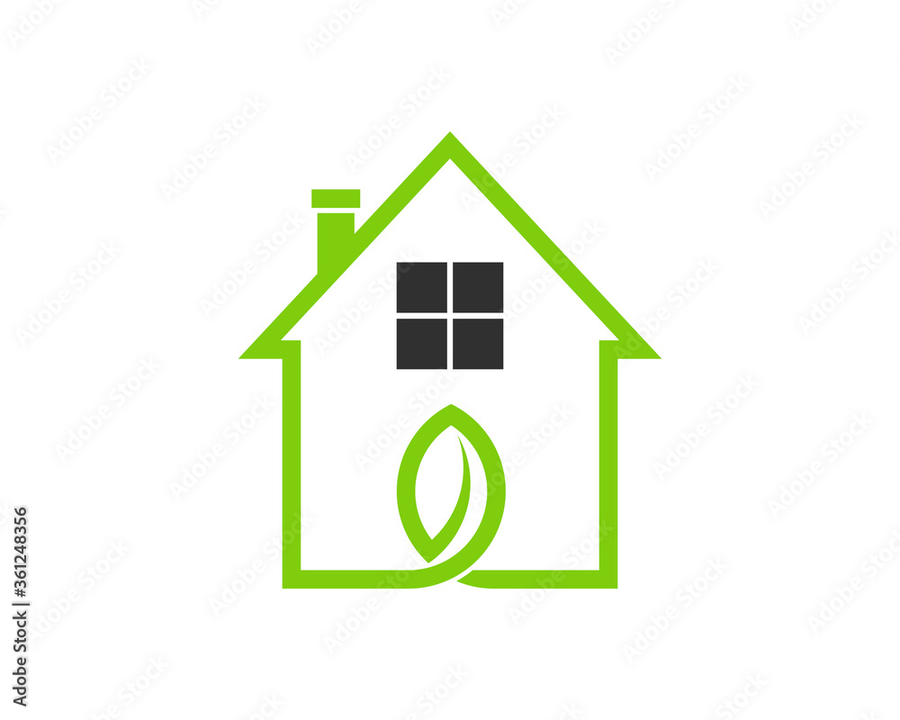 Home with green line and green leaf in the middle Home with green line and green leaf in the middle