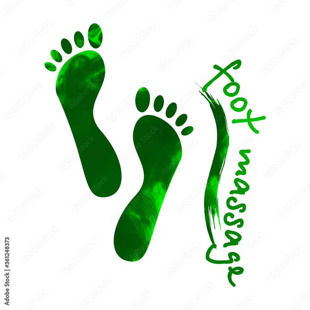 Foot massage concept. Silhouette of feet on Brush Stroke in green watercolor background for your web site design, app, UI. Reflexology. Stock vector. EPS10. Foot massage concept. Silhouette of feet on Brush Stroke in green watercolor background for your web site design, app, UI. Reflexology. Stock vector. EPS10.