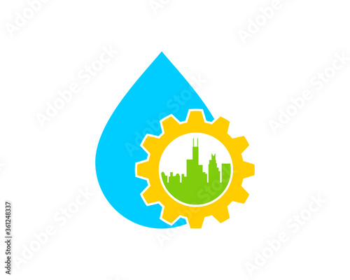 Water drop with gear and city silhouette inside