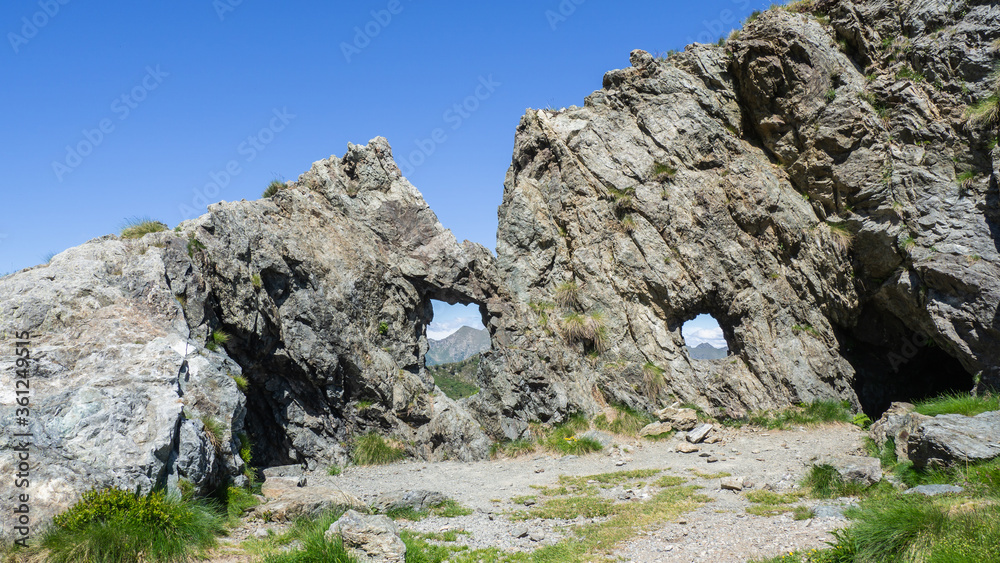 Trenches of the First World War at the Italian Alps. Cadorna line. San Marco Pass, Bergamo. Openings in the rock overlooking the Alps towards the Swiss border Trenches of the First World War at the Italian Alps. Cadorna line. San Marco Pass, Bergamo. Openings in the rock overlooking the Alps towards the Swiss border