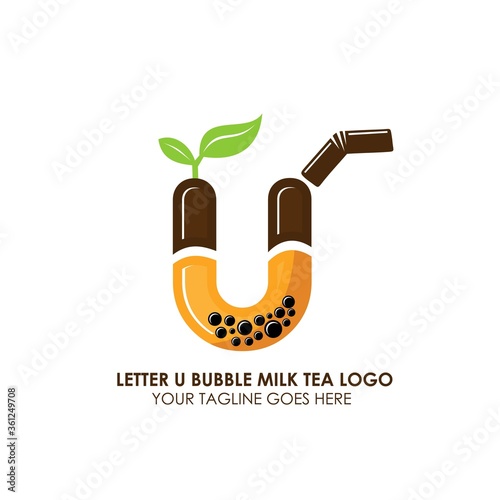 Bubble Tea Cup Drink or Milk Cocktail Logo with Initial U. Glass of Drink with Tubule and Straw. Pearl Milk Tea Label. Popular Asian Drink. Can be used for Café and Restaurant Logo. Boba. Taiwan Drink