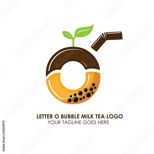 Bubble Tea Cup Drink or Milk Cocktail Logo with Initial O. Glass of Drink with Tubule and Straw. Pearl Milk Tea Label. Popular Asian Drink. Can be used for Café and Restaurant Logo. Boba. Taiwan Drink