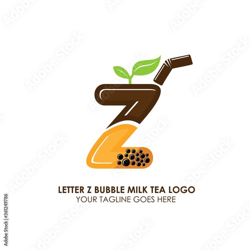 Bubble Tea Cup Drink or Milk Cocktail Logo with Initial Z. Glass of Drink with Tubule and Straw. Pearl Milk Tea Label. Popular Asian Drink. Can be used for Café and Restaurant Logo. Boba. Taiwan Drink