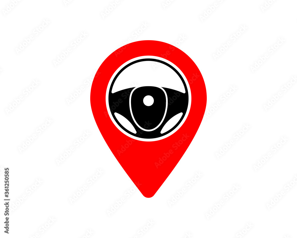 Red pin location with car steering wheel inside Red pin location with car steering wheel inside