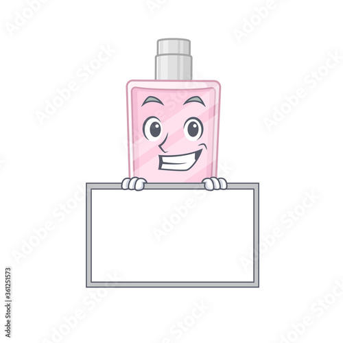 Funny cartoon design style perfume standing behind a board