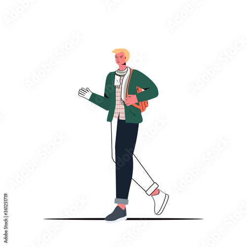 young man in casual trendy clothes pointing hand on something male cartoon character standing pose full length isolated vector illustration