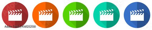 Video icon set, red, blue, green and orange flat design web buttons isolated on white background, vector illustration