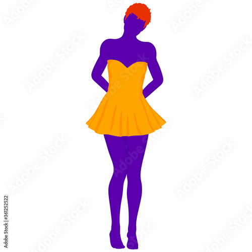 Beautiful a fashion girl in short dress. Purple silhouette of young woman. Vector illustration.