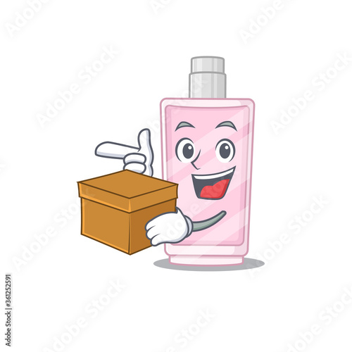 A smiling perfume cartoon mascot style having a box