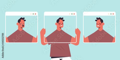 man holding screens with different masks guy covering face emotions fake feeling depression mental disorder concept portrait horizontal vector illustration
