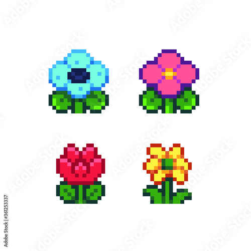 Flowers pixel art icons set, sunflower, rose and lotus. Element for the design of the greeting card International Women's Day, Mother's Day. Logo of the flower shop or spa. Isolated vector.