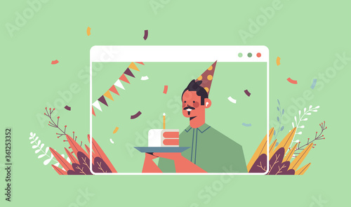 man in funny festive hat celebrating online birthday party happy guy in computer window holding cake celebration self isolation quarantine concept portrait horizontal vector illustration