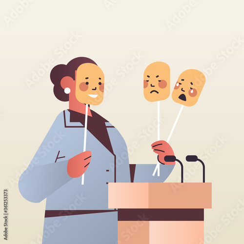 woman candidate politician covering face under masks with different emotions fake feeling election day mental disorder changing natural personality concept portrait vector illustration
