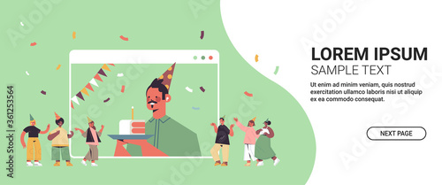 man in funny festive hat celebrating online birthday party happy guy in computer window holding cake celebration self isolation quarantine concept horizontal copy space vector illustration