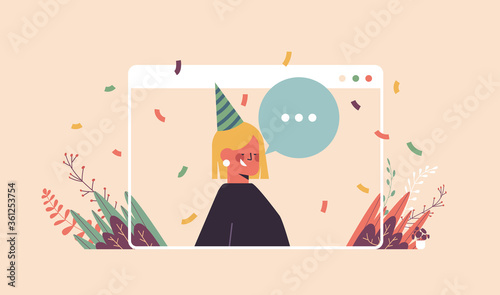 woman in funny festive hat celebrating online birthday party happy girln in computer window celebration self isolation quarantine concept portrait horizontal vector illustration