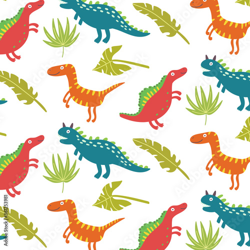 Tropical leaf dinosaurs seamless pattern