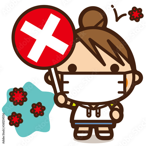 がっこうKids　ウイルスなんかに負けない！バツ印をかかげた女子