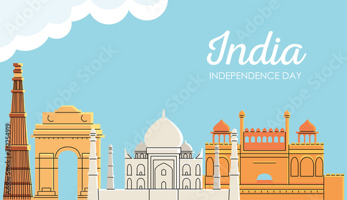 landmarks places with clouds of india independence day vector design